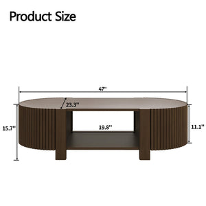 English Elm Oval Fluted Rubberwood Coffee Table with Open Storage Shelf for Living Room Walnut N735P369880D