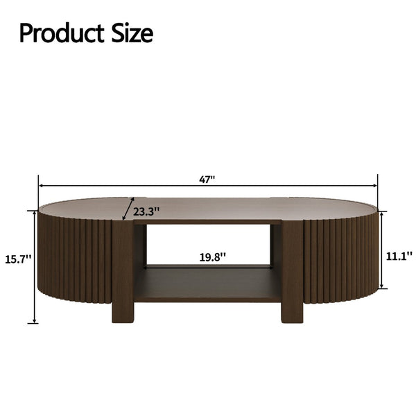 English Elm Oval Fluted Rubberwood Coffee Table with Open Storage Shelf for Living Room Walnut N735P369880D