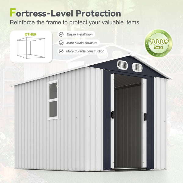 English Elm Campcraft 8x6 Outdoor Metal Storage Shed with Lockable Doors and Ventilation for Backyard White W1598S00045