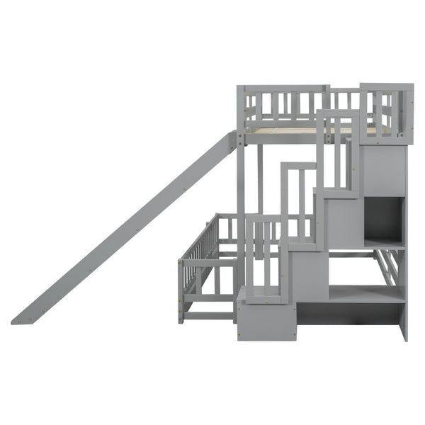 English Elm Twin Over Full Pine Bunk Bed with Fun Slide Storage Staircase and Safety Rails W504P210106