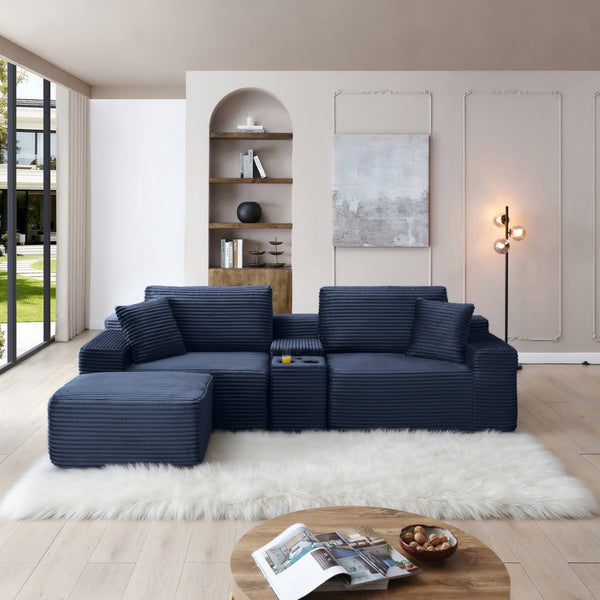 English Elm Modular Cloud Sectional Sofa with Corduroy Deep Seating Usb Ports and Storage Ottoman Blue W1117S00362