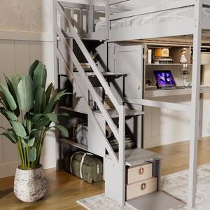 English Elm Full Loft Bed with Integrated Wardrobe Desk Shelving and Led Lighting for Teen Rooms Grey LT000927AAE