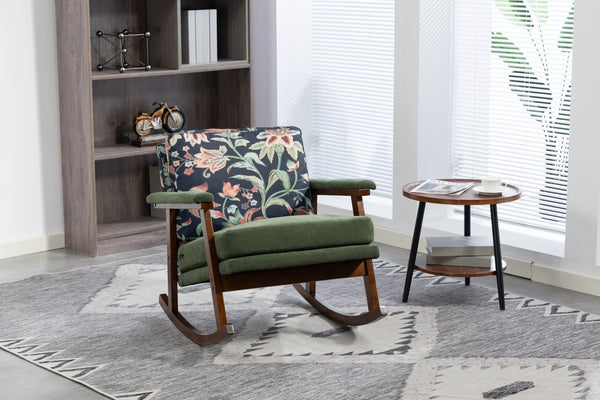 English Elm Mid Century Modern Rocking Chair Solid Wood Frame Upholstered Seat with Lumbar Cushion Antique Green W2530P419005