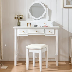 English Elm Compact Floral Makeup Vanity Table with Swivel Flower Mirror, 5 Drawers & PU Stool — Space-Saving Beauty Station N844P288535A