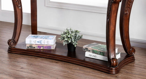 English Elm Sofa Dark Oak Finish Carved Cabriole Legs 48" x 20" Tempered Glass Top with Lower Display Shelf B2741P357401