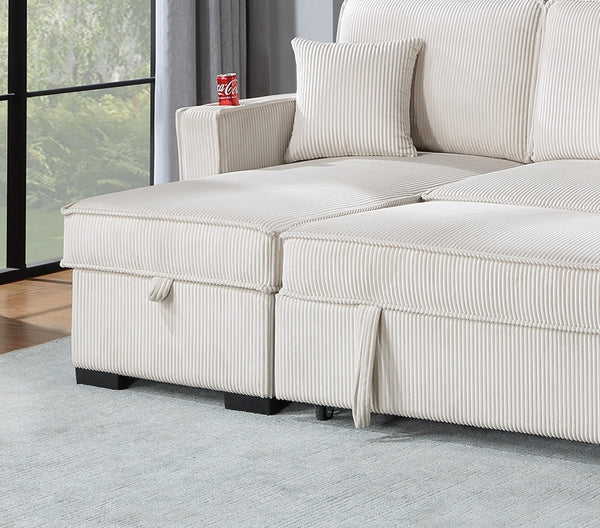 English Elm Convertible Corduroy Sectional Sofa with Reversible Chaise, Hidden Storage, USB Port & Pull-Out Bed Beige 60 L x 30 W x 19 H B011S01244