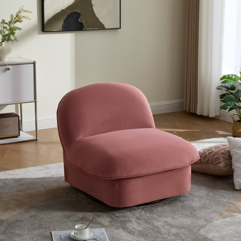 English Elm Swivel Accent Chair Plush Velvet Pumpkin Barrel Silhouette with 360 Degree Metal Base Coral W3244P392749