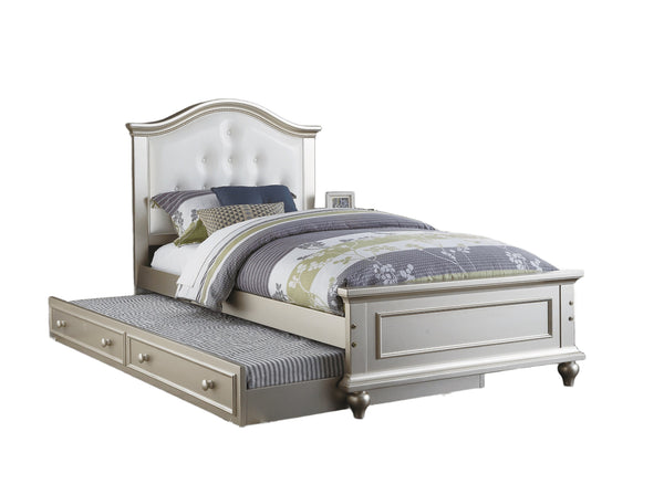 English Elm Contemporary Twin Bed with Trundle and Tufted Upholstered Headboard, Sturdy Slats, Kids Bedroom Furniture Silver,White 83 L x 12 W x 9 H B011S02034