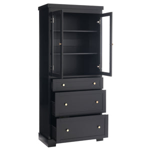 English Elm 70.1" Modern Tall Storage Cabinet with 3 Drawers, 2 Adjustable Shelves, Soft-Close Glass Doors, Gold Handles Black N729P271979B