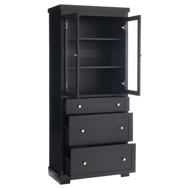 English Elm 70.1" Modern Tall Storage Cabinet with 3 Drawers, 2 Adjustable Shelves, Soft-Close Glass Doors, Gold Handles Black N729P271979B
