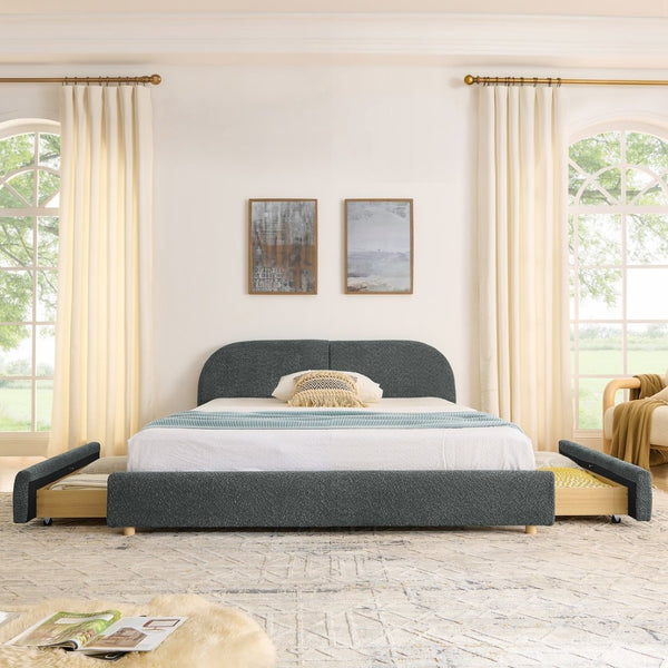 English Elm Queen Platform Bed Curved Headboard Circle Yarn Fabric with Four Wheeled Storage Drawers Dark Gray W487S00479