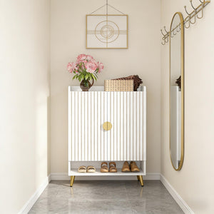 English Elm Rustic Seven Tier Shoe Cabinet with Swing Doors Adjustable Entryway Organizer Gold,White T3971P448652