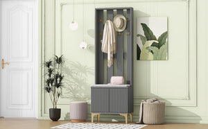 English Elm ON-TREND Modern Luxury Hall Tree with Cushioned Bench, Fluted Doors, 8 Gold Hooks & Adjustable Shelf Grey N721P192814E