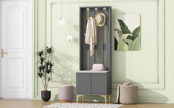 English Elm ON-TREND Modern Luxury Hall Tree with Cushioned Bench, Fluted Doors, 8 Gold Hooks & Adjustable Shelf Grey N721P192814E