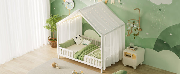 English Elm Montessori House Bed Frame Twin with Canopy & Full Guardrails, Cozy Kids Platform Bed for Toddlers White 77.8 L x 17.25 W x 7 H N733P356048K