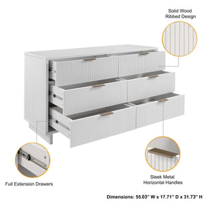 English Elm Granville 55" Dresser In White - Stylish 6-Drawer Storage With Gold Handles & Textured Design B365S00086
