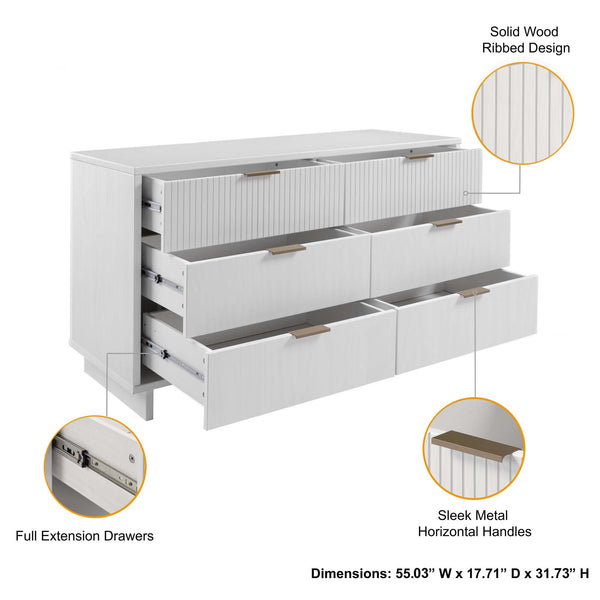 English Elm Granville 55" Dresser In White - Stylish 6-Drawer Storage With Gold Handles & Textured Design B365S00086