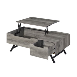 English Elm Throm Gray Oak Lift-Top Coffee Table with Hidden Storage Drawer, Industrial Splayed Iron Legs — Modern centerpiece B2726P251671