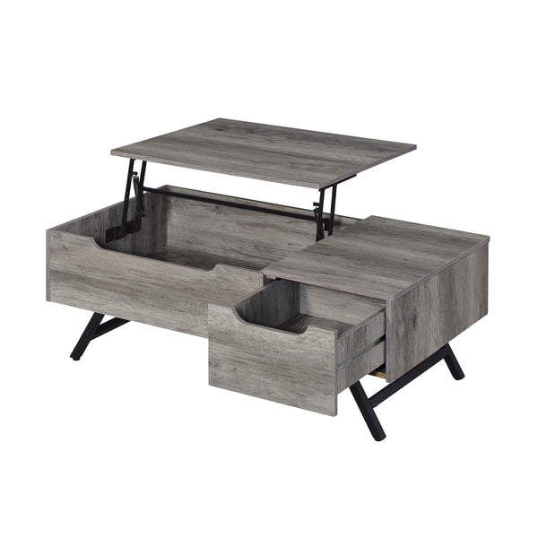 English Elm Throm Gray Oak Lift-Top Coffee Table with Hidden Storage Drawer, Industrial Splayed Iron Legs — Modern centerpiece B2726P251671