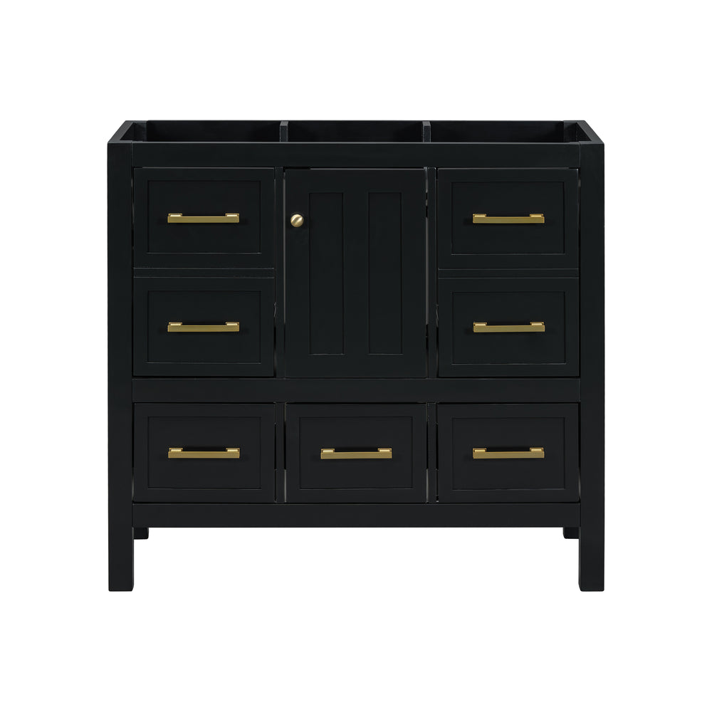 English Elm 36'' Bathroom Vanity Cabinet - Modern Solid Wood Freestanding Storage With 5 Drawers & Soft-Close Doors N710P256102B