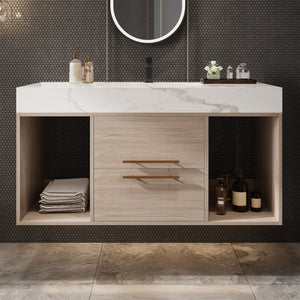 English Elm 39.4'' Floating Bathroom Vanity with Ceramic Sink and Sintered Stone Top, Wall-Mount Modern Design White + Light Oak W3136S00003