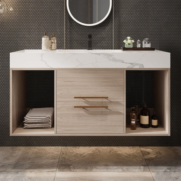 English Elm 39.4'' Floating Bathroom Vanity with Ceramic Sink and Sintered Stone Top, Wall-Mount Modern Design White + Light Oak W3136S00003