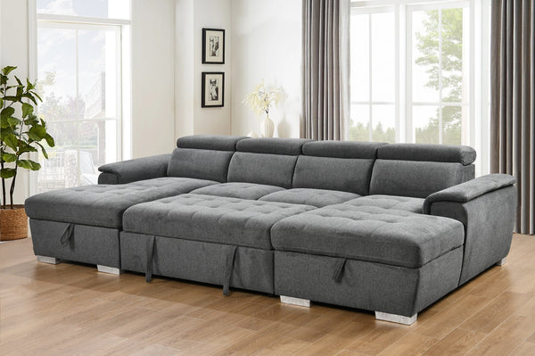 English Elm U U Shaped Sleeper Sofa with Pull-Out Bed and Hidden Chaise Storage, Plush Corduroy Comfort Dark Gray W1417S00081