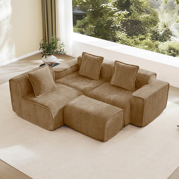 English Elm Streamlined Velvet L-shaped Sectional Sofa with Ottoman and Cloud Cushion Living Room Brown W3041S00373