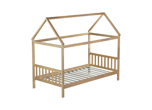 English Elm Twin House Bed with Headboard and Footboard — Space-Saving Rubberwood Frame, Playful Architectural Design White Oak W504P225961