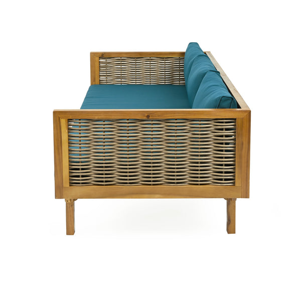 English Elm Christopher Knight Home® - Wicker Outdoor Patio Daybed and Coffee Table Set — All-Weather Acacia Frame, Water-Resistant Cushions Teak,Teal N770P234486F_N770P205570T