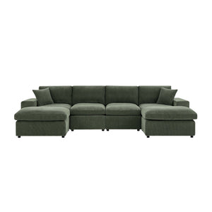 English Elm Corduroy Modular Sectional Sofa with Dual Ottomans for Flexible Living Room Seating Dark Green B2748S00023