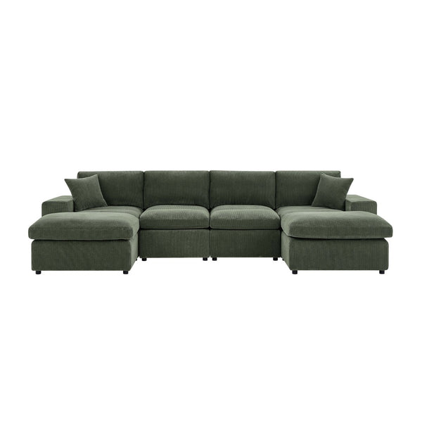 English Elm Corduroy Modular Sectional Sofa with Dual Ottomans for Flexible Living Room Seating Dark Green B2748S00023