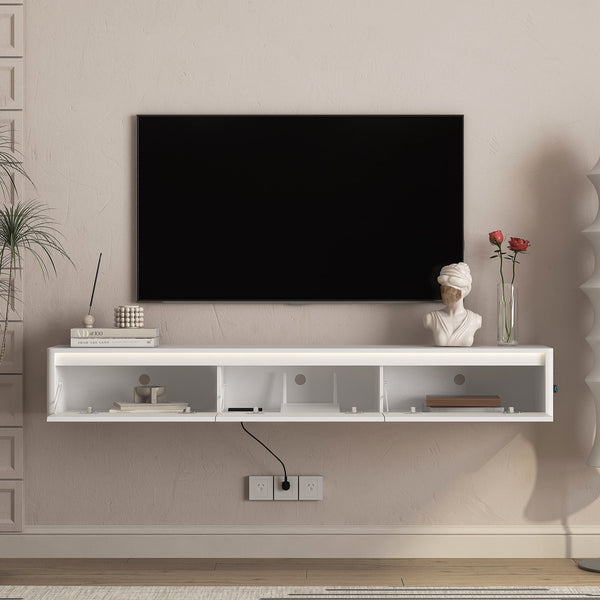 English Elm Floating TV Stand with Touch LED Strip, Built-In Power Hub & Ample Storage for Modern Living Rooms White 74.61 L x 17.52 W x 6.1 H W1321P389543