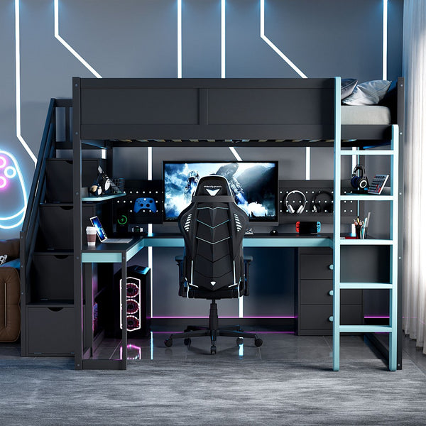 English Elm Full Size Gaming Loft Bed with Led Lighting Desk Shelves and Usb Charging Ports N820S00071C