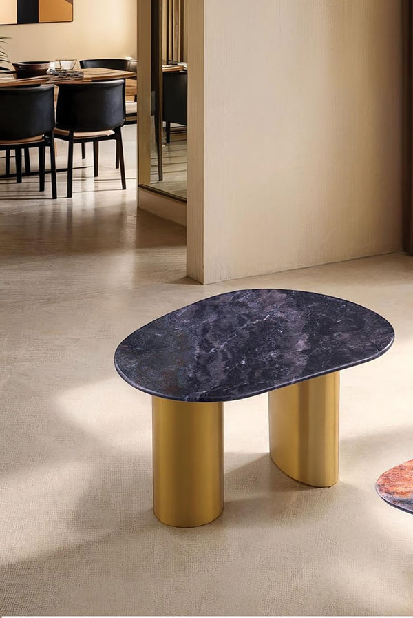 English Elm Contemporary End Table With Sintered Stone Top, Matte Gold Legs & Soft Curved Edges For Elegance B2741S00639