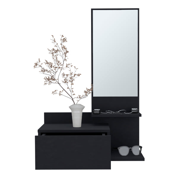 English Elm Vienna modern floating mirror console with 3-tier open shelves and full-extension drawer for entryway storage Black 31.5 L x 18.2 W x 6 H B070P242499