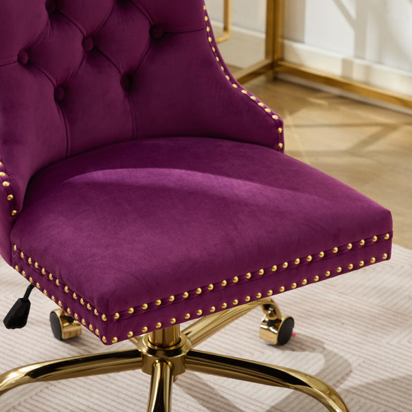 English Elm A&A Elegant Chenille Tufted Office Chair with Hand-Pulled Buttons, Nailhead Trim & Gold Chrome Base Purple W1143P369101