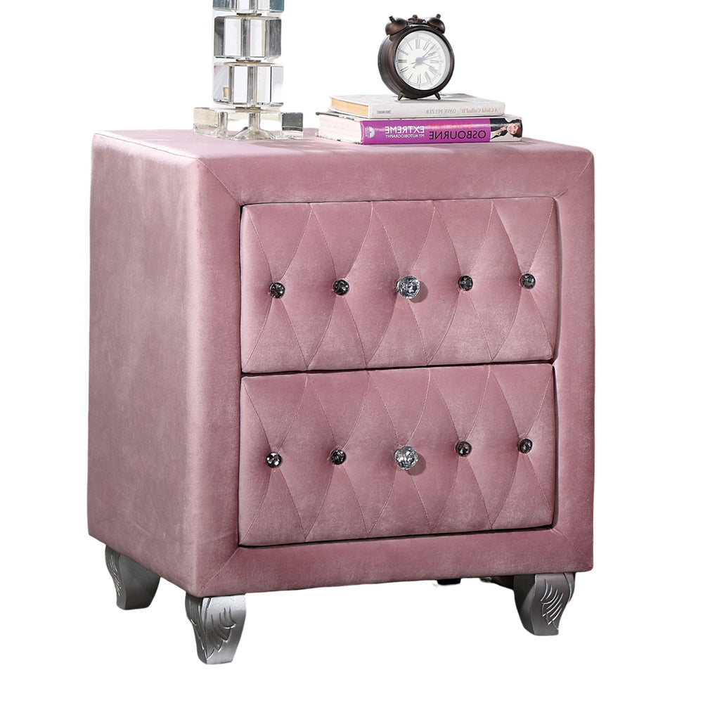 English Elm Beautiful Tufted Pink Nightstand with Crystal Acrylic Knobs, Flannelette Upholstery, 2-Drawer Storage, Silver Cabriole Legs B011P218332