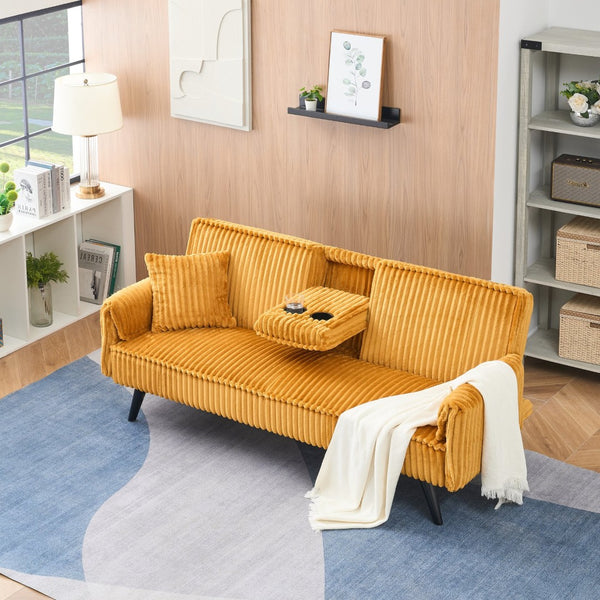 English Elm Minimalist Corduroy Reclining Sofa with Convertible Flat Sleeper and Cup Holder Orange W3356P421778