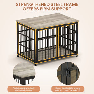 English Elm Furniture style dog crate with sturdy steel frame, particle board top for 150lb storage, fits dogs up to 70lb Grey W1162119832