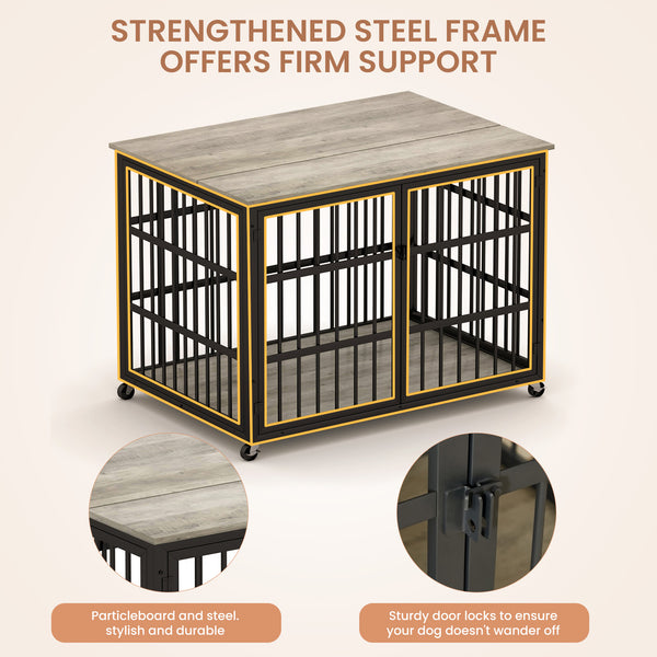 English Elm Furniture style dog crate with sturdy steel frame, particle board top for 150lb storage, fits dogs up to 70lb Grey W1162119832