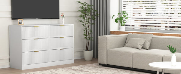 English Elm Modern Six Drawer Chest with Wavy Textured Fronts Sleek Matte Storage for Any Room White W409P307526