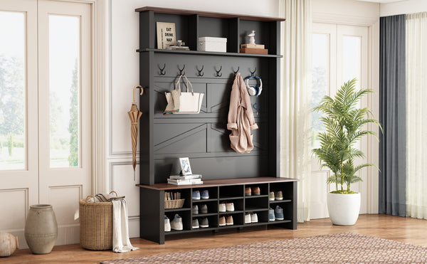 English Elm ON-TREND Farmhouse 4-in-1 Hall Tree with 6 Hooks, Walnut Bench, 16 Compartments, Rustic Entryway Organizer Black N721P264915B