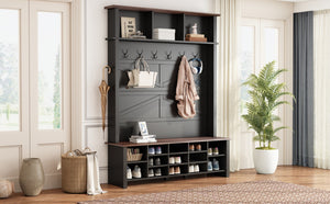 English Elm Farmhouse Hall Tree Entryway Organizer with Bench 16 Compartments and 6 Coat Hooks N721S000064B-1