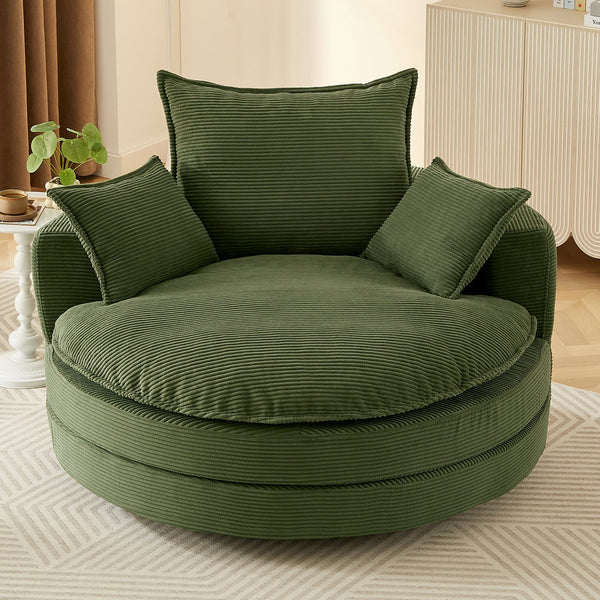 English Elm 360° Oversized Swivel Lounge Chair with 38" Deep Seat Dual-Layer Cushion Corduroy Accent Pillows Green N719S002100F