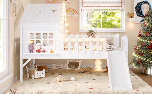 English Elm Twin Playhouse Loft Bed Solid Pine Frame with Slide Led Lights and Star Roof White W5316S00004