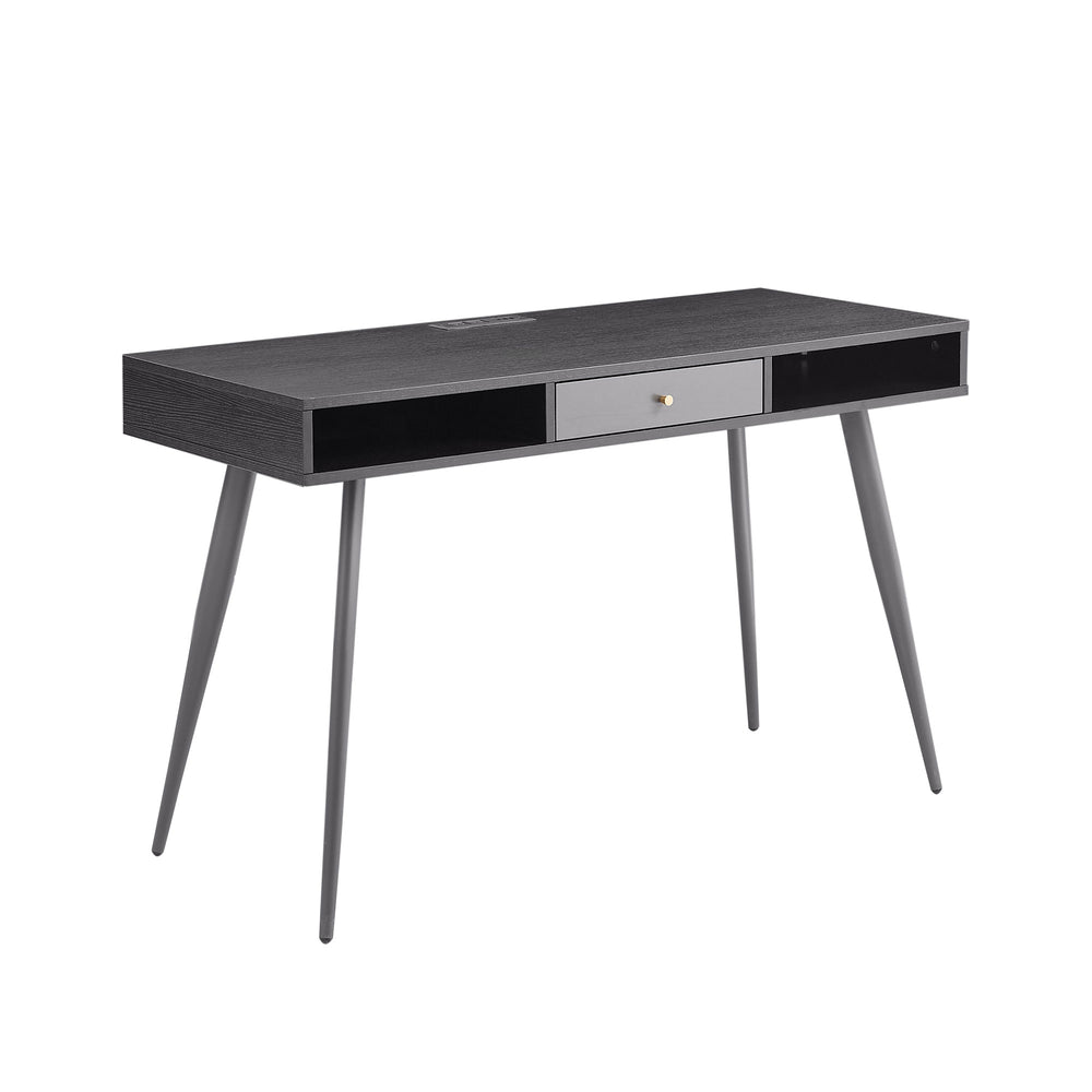 English Elm Mid Century Desk with USB Ports and Power Outlet, Spacious Mid-Century Writing Desk with Drawers for Home Office Comfort and Style Black W876P278784