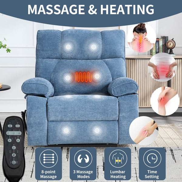 English Elm Beige Chenille Power Lift Recliner Dual Motor Massage Heat 350 Lb Capacity Blue W1803P264051