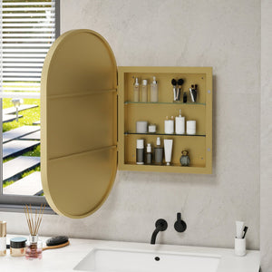 English Elm Oval LED Medicine Cabinet Mirror with Golden Frame, Wall-Mounted, Magnetic Accessories & 2 Glass Shelves W688P210779