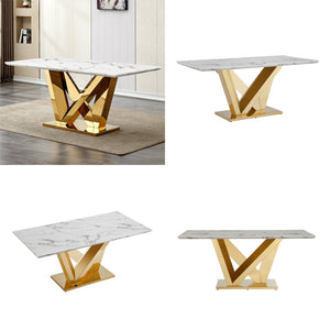 English Elm Marble Dining Table For 6 – Luxe Faux Marble Kitchen Table With Gold Mirrored Base, Modern Design W3456S00044
